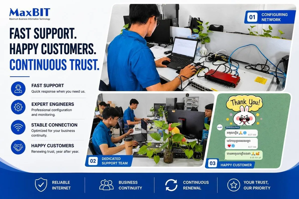 MaxBIT technical engineers working with network equipment to support business internet customers in Cambodia